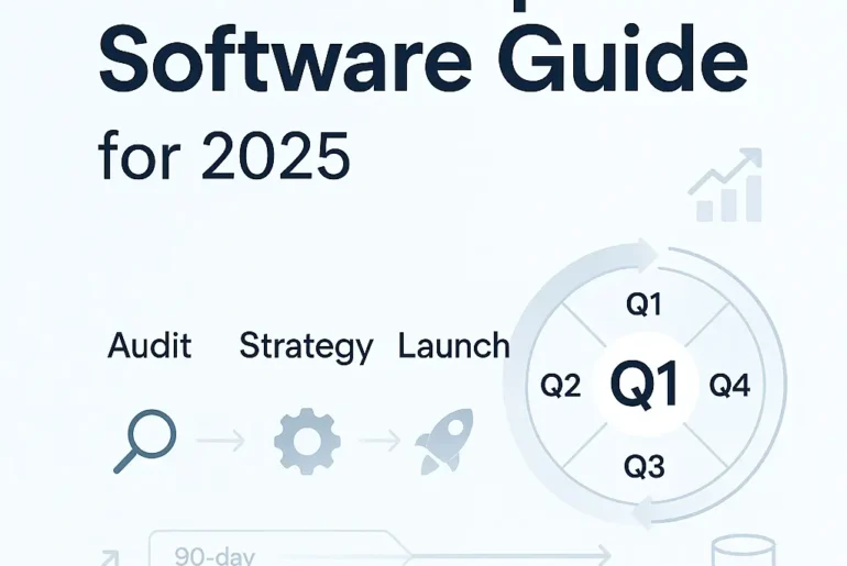 Cover image for 'B2B Enterprise Software Guide 2025' with icons for audit, strategy, launch, and a quarterly cycle on a light blue background.