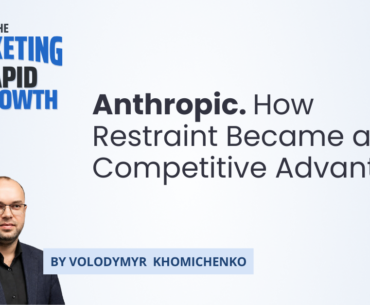 An editorial graphic illustrating Anthropic's product-led marketing approach, tracing the shift from a small safety-focused startup to an enterprise AI leader trusted by major business customers. The visual maps the core elements behind that growth: Constitutional AI training, the tiered Claude model family, the Geist-designed visual identity, and the "Keep Thinking" brand campaign — framing restraint and trust as the real drivers of revenue.