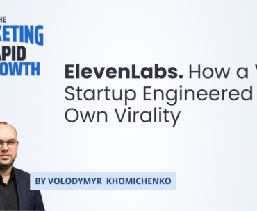 Infographic illustrating how ElevenLabs engineered virality to grow from a small voice AI startup into an $11 billion company in under four years. The visual breaks down its product expansion, viral marketing tactics, and creator economy partnerships that fueled its rapid scale. Key visual elements highlight the company's three growth levers — shareable product demos, programmatic SEO, and affiliate partnerships — alongside its dual go-to-market structure serving both individual creators and enterprise clients.
