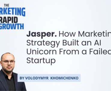 This infographic outlines Jasper's path from a struggling startup to a $1.5 billion AI company, highlighting the ai marketing strategy behind each major turning point. It maps the founders' pivot from agency life to AI writing tools, the pre-launch webinar that validated demand, and the later shift toward enterprise-focused, brand-governed copywriting. The visual also traces Jasper's evolution from short-form ad copy to long-form content, then to a domain-specific marketing copilot, showing how positioning — not just technology — drove the company's unicorn valuation.