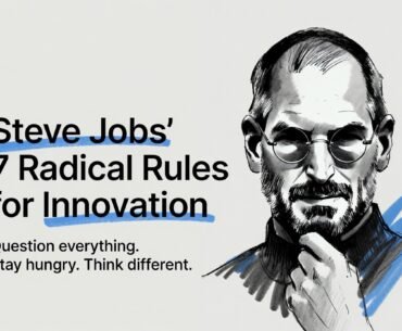 An infographic titled "Steve Jobs' 7 Radical Rules for Innovation," featuring a sketch portrait of Steve Jobs and seven numbered principles: Question Everything, Forge Your Own Path, Never Stop Reinventing Yourself, Pour Your Heart Into It, Sweat the Small Stuff, Embrace the Crazy Ones, and Stay Hungry and Foolish, each illustrated with simple line icons and short bullet points. The design uses a clean, hand-drawn editorial style to present Steve Jobs' rules for innovation as practical leadership guidance rather than abstract motivation.