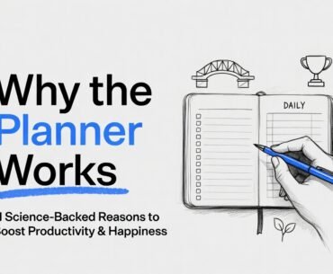 Infographic titled 11 Science-Backed Reasons Why The Planner Works. Colorful illustrated panels detail psychological and neurological benefits of using a planner, including bridging goals and action, memory enhancement through handwriting, momentum building, and consistent review for better performance. This visual explains planner effectiveness with icons of bridges, brains, trophies, and open notebooks.