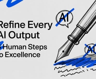 An infographic titled "How We Review Every AI Output," outlining a six-step checklist for reviewing AI output: cutting the first paragraph, killing filler words, reading the draft aloud, checking specifics, rewriting the hook and CTA, and asking whether you'd send it. Each step includes short bullet explanations with hand-drawn icons like scissors, a trash can, a magnifying glass, and a checkmark.