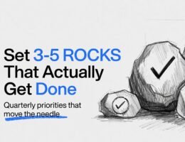 Infographic titled How To Set Quarterly Priorities That Actually Get Done. It outlines what Rocks are, a 4-step process, examples of effective quarterly priorities, and how to keep them alive. The focus keyphrase quarterly priorities appears prominently with practical examples for marketing leaders.
