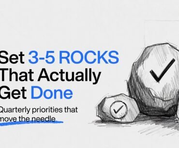 Infographic titled How To Set Quarterly Priorities That Actually Get Done. It outlines what Rocks are, a 4-step process, examples of effective quarterly priorities, and how to keep them alive. The focus keyphrase quarterly priorities appears prominently with practical examples for marketing leaders.