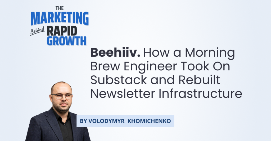 Infographic illustrating beehiiv's growth strategy, showing how founder-led marketing combined with product features like referral tools and an ad network fueled its rise against Substack. The visual maps the timeline from Tyler Denk's early career to beehiiv's $15 million ARR milestone, highlighting the founder-led marketing approach that shaped its trajectory.