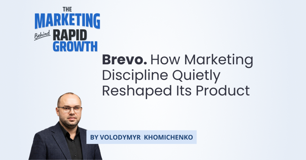 An infographic tracing Brevo's transformation from the email tool Sendinblue into a full CRM platform, showing how bespoke marketing decisions reshaped product strategy, channel expansion, and AI adoption over more than a decade. The visual breaks down four stages of growth — European origins, self-serve marketing discipline, the shift to bespoke marketing across channels, and AI-driven personalization — culminating in Brevo's centaur-scale, profitable status.