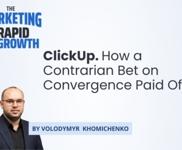 Infographic outlining ClickUp's go-to-market strategy, from its 2017 founding in a Palo Alto house through three growth eras: product-led hustle, brand audacity, and systematized go-to-market execution that scaled the company to a $4 billion valuation. The visual traces founder Zeb Evans's pivot from a marketplace startup to an all-in-one productivity platform, highlighting SEO tactics, pricing psychology, a Super Bowl ad, and the incrementality testing that later cut acquisition costs.