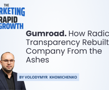 An infographic tracing Gumroad's turnaround, showing how radical transparency marketing—including public failure essays, open financials, and shipping updates as content—rebuilt trust with creators after a near-collapse. The visual maps Gumroad's journey from a 75 percent layoff in 2015 to $200 million in annual gross merchandise value, highlighting the pricing gamble, the crowdfunding round, and the lean contractor-based operating model that made it all sustainable.