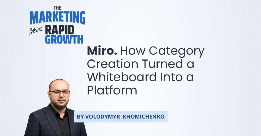 An infographic illustrating Miro's journey from a simple online whiteboard called RealtimeBoard to a global Innovation Workspace, showing how category creation reshaped its brand and business model. The visual traces key milestones: the 2019 rebrand, the rise of the Miroverse template marketplace, and the product-led sales strategy that drove enterprise adoption through category creation rather than traditional advertising.