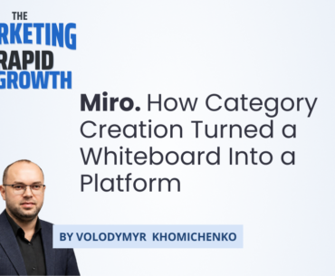 An infographic illustrating Miro's journey from a simple online whiteboard called RealtimeBoard to a global Innovation Workspace, showing how category creation reshaped its brand and business model. The visual traces key milestones: the 2019 rebrand, the rise of the Miroverse template marketplace, and the product-led sales strategy that drove enterprise adoption through category creation rather than traditional advertising.