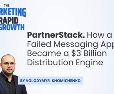 An infographic tracing PartnerStack's evolution from a failed nonprofit messaging app called Pod into a global partner network, illustrating how partner-led growth replaced a broken product strategy with a marketplace model that drove more than $3 billion in customer revenue. The visual maps the company's timeline from 2014 founding through its 2026 acquisition by AppDirect, highlighting key pivots, near-failures, and the shift toward AI-era discovery through third-party validation.