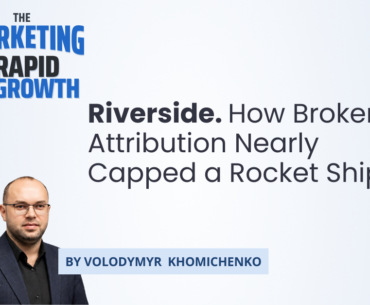 An infographic tracing Riverside's evolution from a two-person recording tool built during the 2020 lockdowns into a full enterprise video platform, highlighting the shift toward revenue-focused marketing as the company scaled. The visual maps key milestones — product pivots, funding rounds, and the move from organic growth to disciplined, revenue-focused marketing — showing how measurement and attribution reshaped Riverside's paid acquisition strategy.