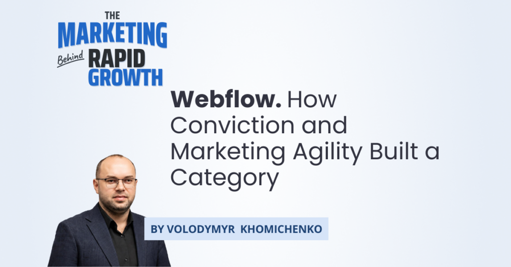 An infographic outlining Webflow's growth story, showing how marketing agility and disciplined product decisions turned a struggling startup into a multi-billion-dollar Website Experience Platform. The visual traces the company's timeline from its 2013 launch through its pivot into AI-driven answer engine optimization. The graphic highlights key milestones — early user retention, profitability, the CMS pivot, and the shift toward AI search — illustrating how marketing agility shaped nearly every major turning point in Webflow's history.