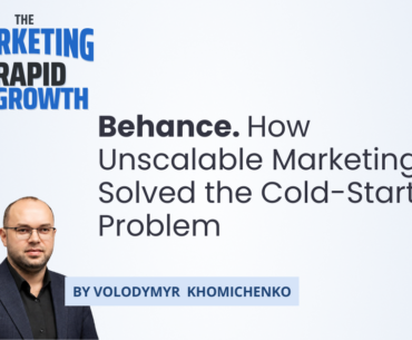 An infographic tracing Behance's growth story, from Scott Belsky's early frustration with the disorganized creative industry to Adobe's roughly $150 million acquisition. It maps the founder's key decisions—the failed focus group, the pivot toward attribution, and the unscalable marketing approach used to fill the platform with elite portfolios before launch. The visual also highlights the "bonsai tree" product philosophy, the first-mile psychology behind user onboarding, and the shift from scrappy SEO tactics to institutional thought leadership through 99U and Making Ideas Happen.