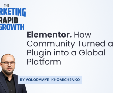 Infographic illustrating Elementor's journey from a WordPress plugin to a global platform, highlighting the community-led growth strategy behind its rise—including product-led distribution, founder-driven marketing, and the shift to Elementor One. The visual traces key milestones, from the 2016 launch and first 100,000 installs to surpassing 15 million installs, showing how community feedback and transparent communication fueled sustained expansion.