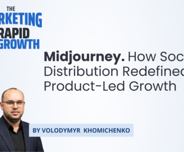 An infographic breaking down Midjourney's product-led growth strategy, showing how the company used Discord's social infrastructure instead of a traditional app to scale to $200 million in annual recurring revenue with just eleven employees. The visual maps the key stages of this product-led growth model: shared public channels, community-driven learning, viral image sharing, and founder-led engagement through weekly Office Hours.