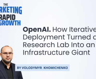 An infographic tracing OpenAI's path from a ten-person research lab in 2016 to a company serving 800 million weekly users, built around its iterative deployment strategy of releasing models incrementally rather than waiting for a finished product. The visual maps key milestones — GPT-1 through GPT-3, the accidental launch of ChatGPT, the enterprise pivot, and the $110 billion Stargate infrastructure bet — showing how each stage reinforced OpenAI's narrative and market position.