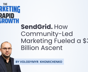 Infographic outlining SendGrid's growth story, showing how community-led marketing—developer evangelism, content authority, and hackathon presence—drove customer acquisition from zero to 60,000 businesses. The visual maps the company's timeline from its 2009 founding through its $3 billion Twilio acquisition, highlighting the shift from a technical utility to a trusted brand built on trust rather than sales pressure.
