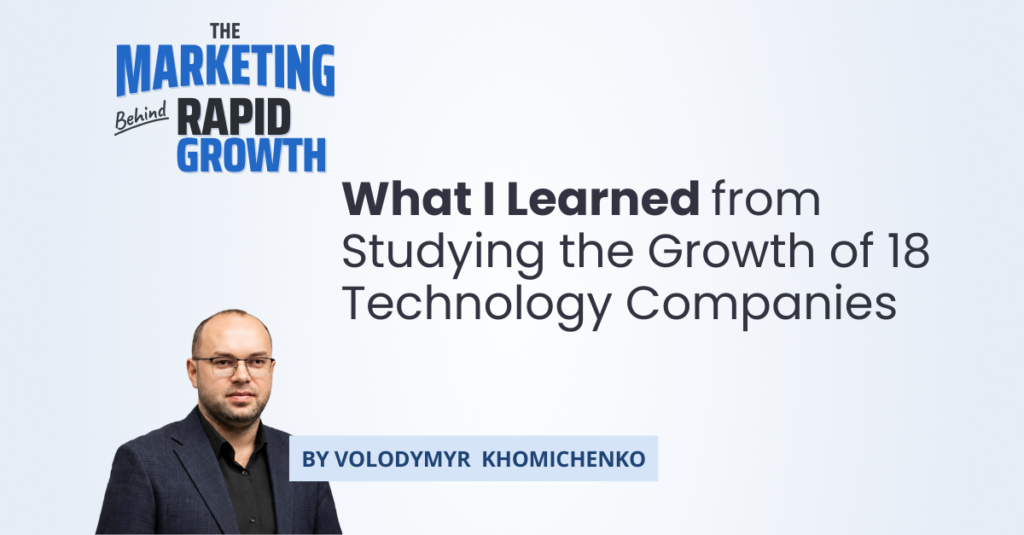 An infographic summarizing lessons from studying the growth of 18 technology companies, including Slack, Stripe, NVIDIA, and Adobe. It breaks down five recurring growth patterns found across these technology companies: product-led distribution, free as a strategic wedge, category creation, moats built around the product, and self-disruption. The graphic uses simple icons and short labels for each pattern, making it easy for marketing leaders to scan the framework and connect it to their own company's growth strategy.