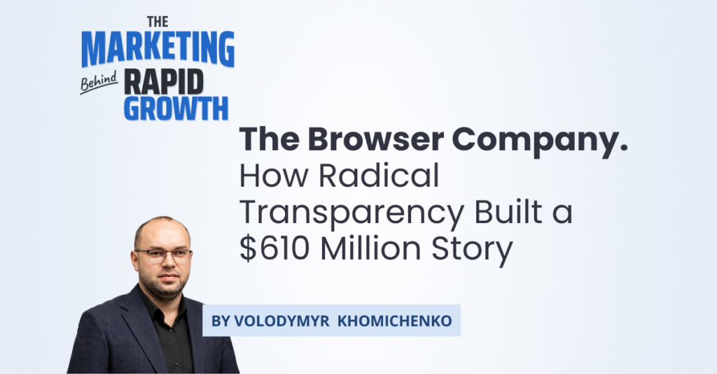 An editorial illustration tracing The Browser Company's journey from Arc to Dia, showing how radical transparency shaped its public narrative, community trust, and eventual $610 million acquisition by Atlassian. The graphic highlights key moments: Josh Miller's public 