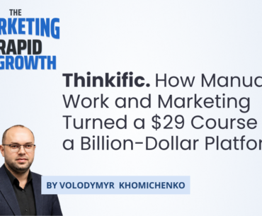 Infographic illustrating Thinkific's marketing-led growth journey, from a $29 side hustle to a billion-dollar SaaS platform. It highlights key milestones including the manual build phase, the pivotal Marshawn Evans webinar, and the shift toward referrals and content marketing. The visual also maps Thinkific's post-IPO challenges and its current focus on commerce, mid-market sales, and agentic AI, showing how marketing-led growth shaped every stage of the company's evolution.